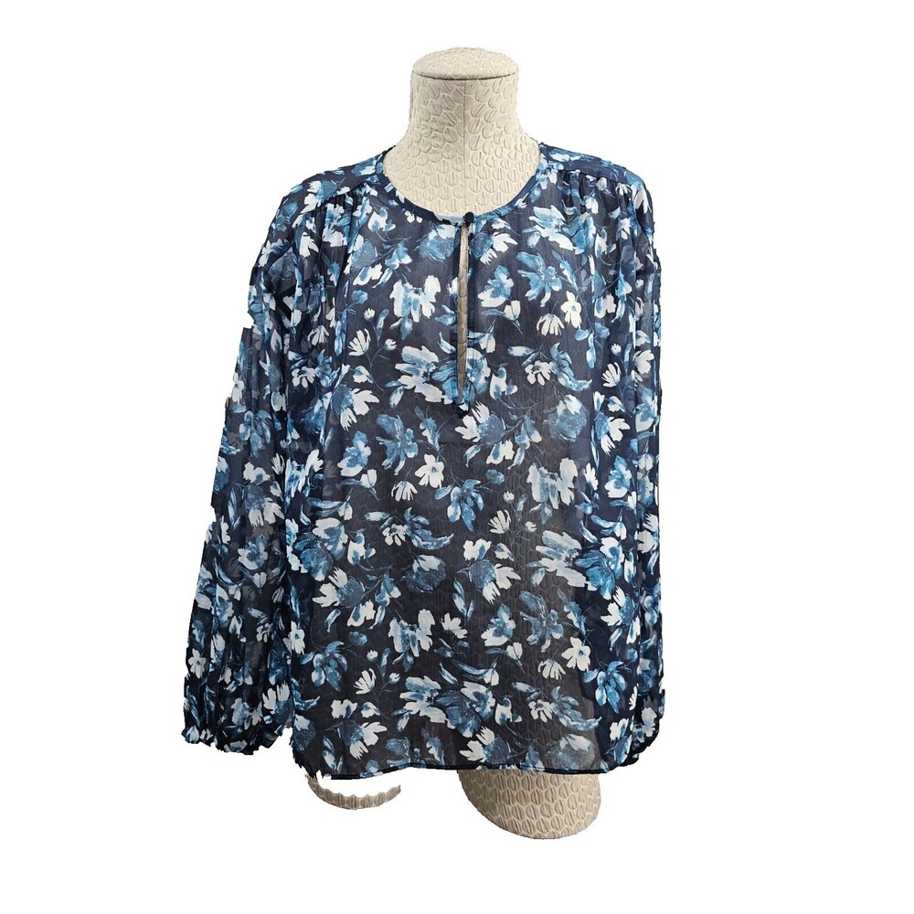 Abercrombie & Fitch Womens M Blue Floral Sheer Peasant Boho Blouse Shirt Top NEW